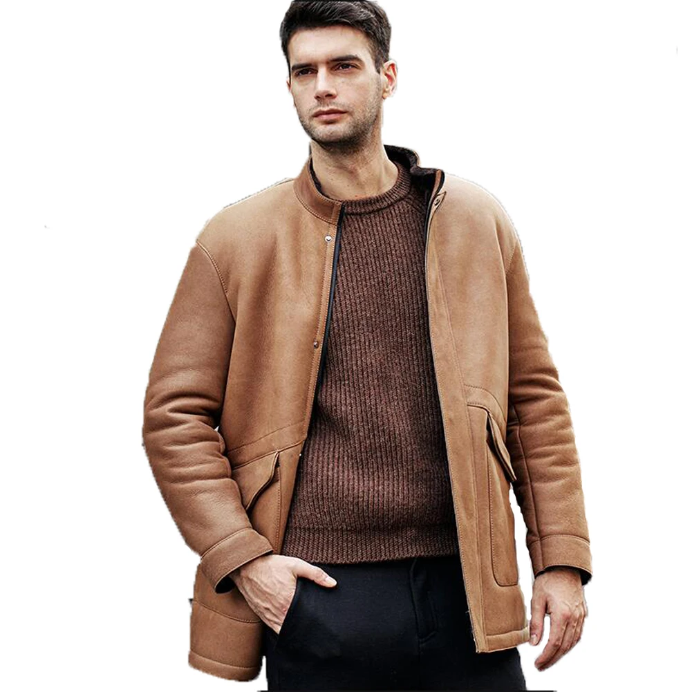 

Denny&Dora Mens Shearling Jacket - Mid-Length Sheepskin Coat, Warmest Winter Jacket, Natural Shearling Leather Coat