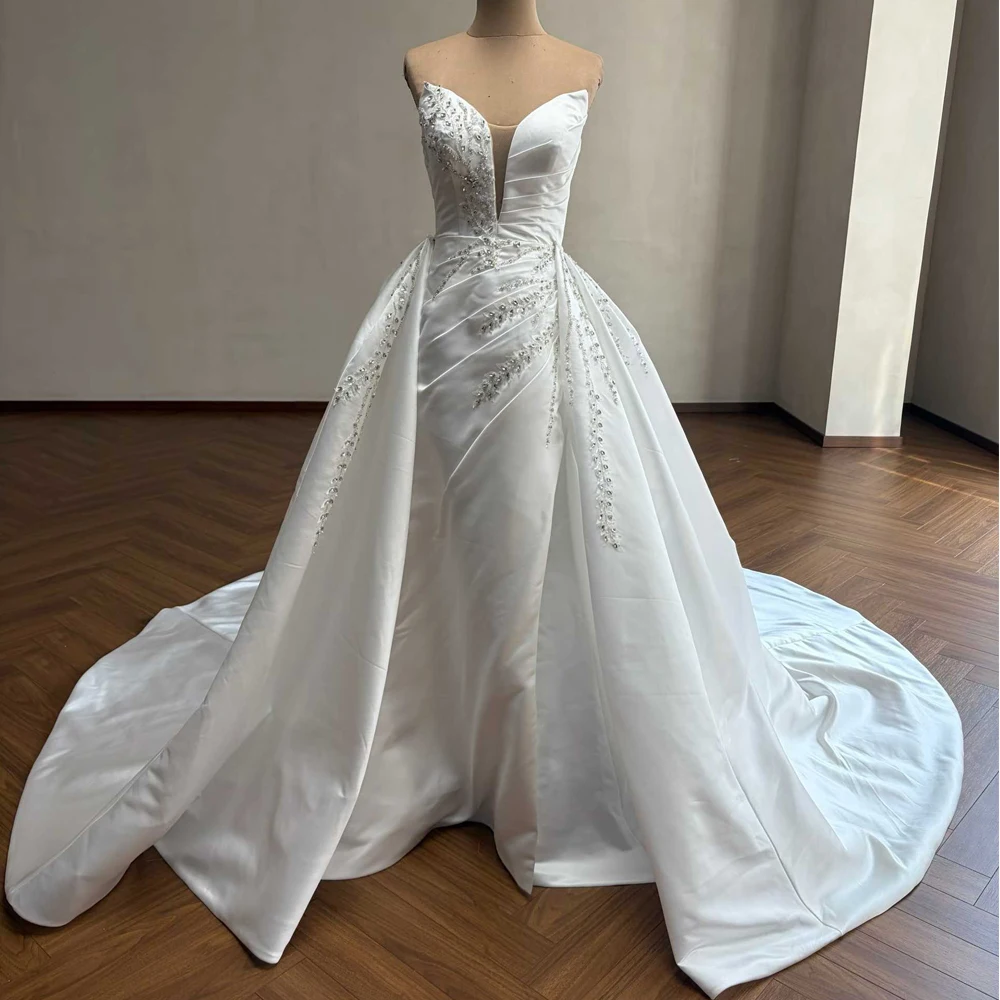 Satin Mermaid Wedding Dress With Detachable Train Deep V Neckline Beading Crystal Lace Vestido De Novia Para Boda