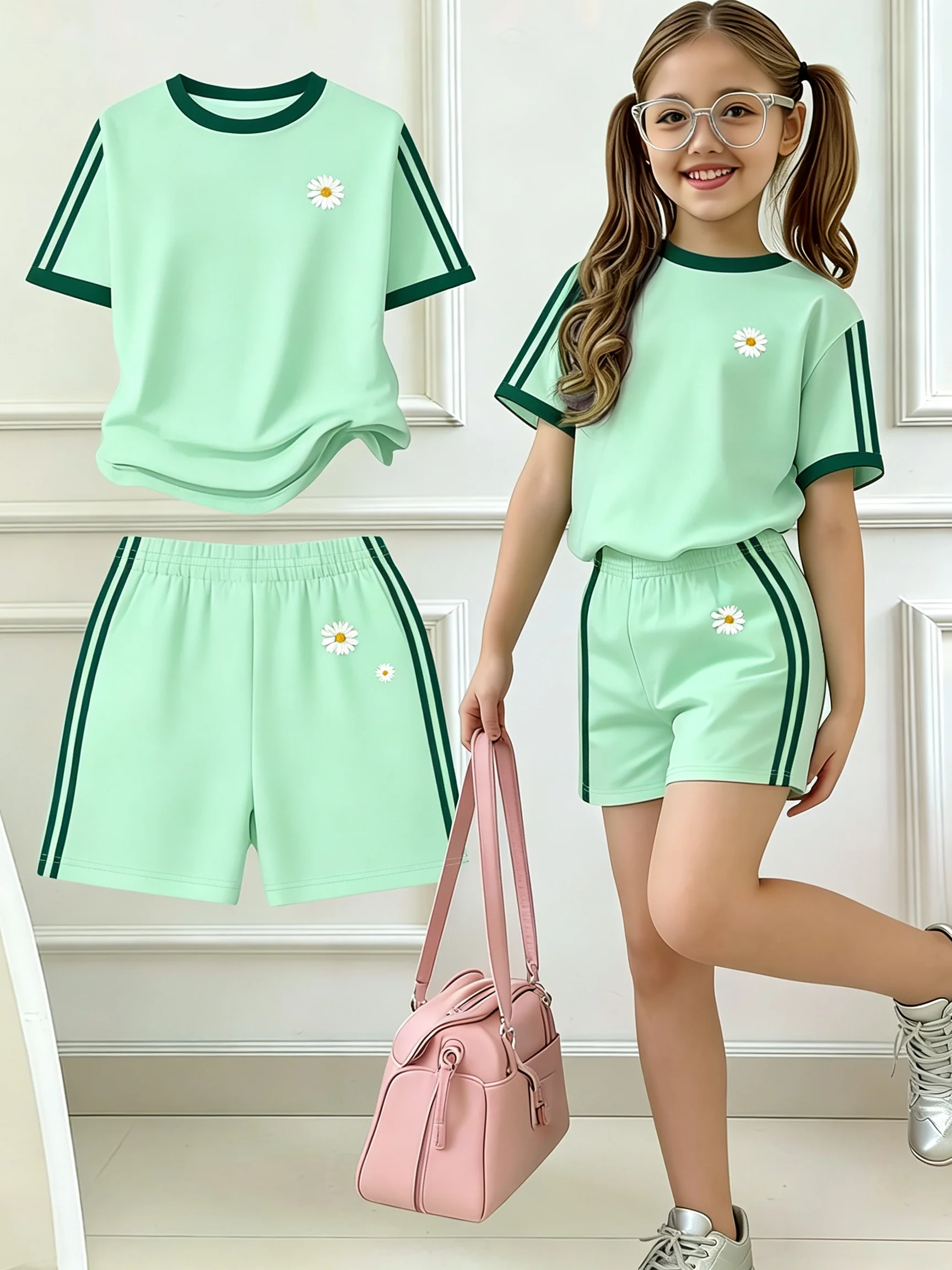 Kids Summer 2‑Piece Outfit Bow Embroidery Striped Short Sleeve Tee and Elastic Waist Shorts Girls Sport Casual Daily Wear 3