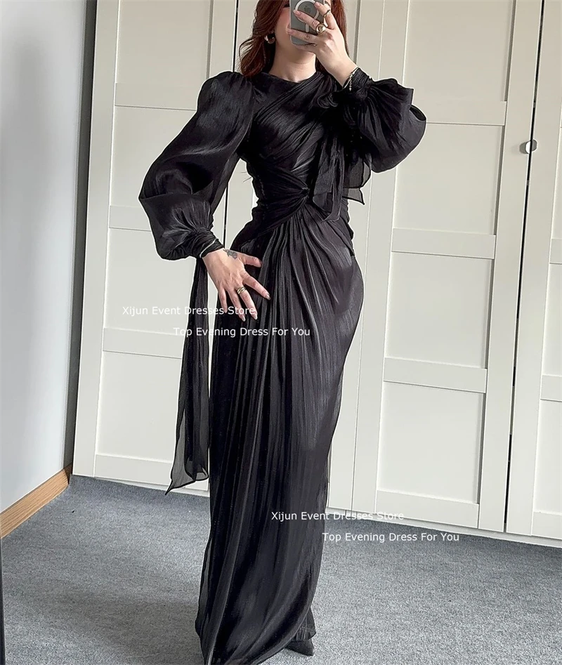 Xijun Modest Black Evening Dresses Mermaid Full Sleeves Formal Prom Dresses O-Neck Moroccan Kaftan Dubai Prom Gowns Floor Length