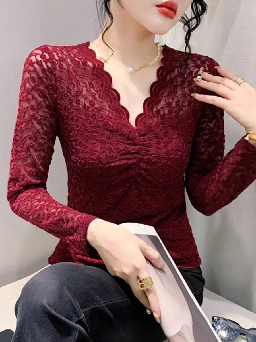 2024 Wiosna Jesień V Szyja Długi Rękaw T-shirt Damski Moda Koronkowe Slim Stretch T Shirty BH8813 — zdjęcie 2