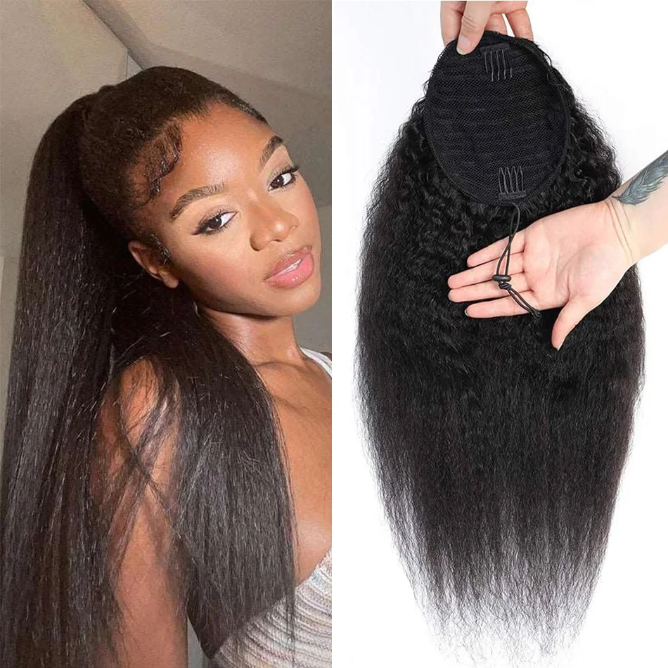 

Накладной хвост на резинке из 100% натуральных человеческих волос, прямой, с эффектом кинки # Натуральные черные накладные пряди для волос 1B для ежедневного использования и косплея, 1 штука