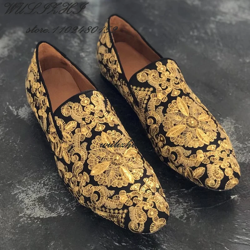 Yellow Totem Embroidered Gold Silk Sneaker Men Round Flat Soles Casual Sports Loafers Spring Party Oxfords Elegant Mules Wedding