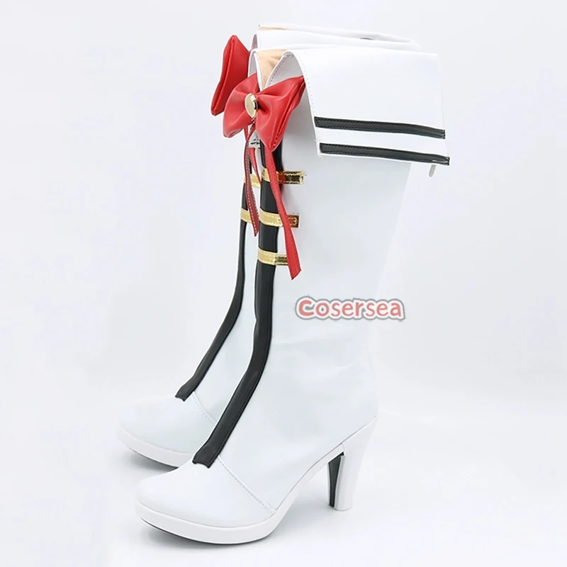 รองเท้าคอสเพลย์ Cosersea Gold Ship Uma musume: Pretty Derby รองเท้าส้นสูงสีทองสำหรับฮาโลวีน รองเท้าคอสเพลย์หนังสีขาว รองเท้าบูทคอสเพลย์
