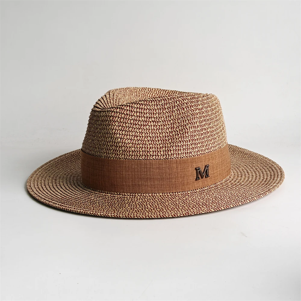 Classic Wide Brim Straw Panama Hat Unisex Summer Sun Cap Luxury Metal M Band Fedora Elegant Beach Visor with Velcro Adjuster view 2