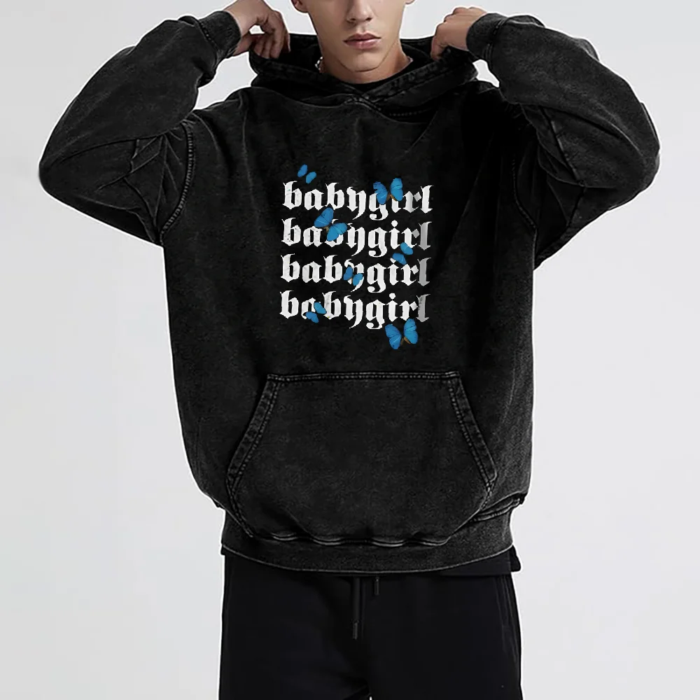 Adorable Baby Girl Text Print Hoodie Sweatshirt Blue Butterfly Embellishment Playful Youthful Style Everyday Comfort Wear