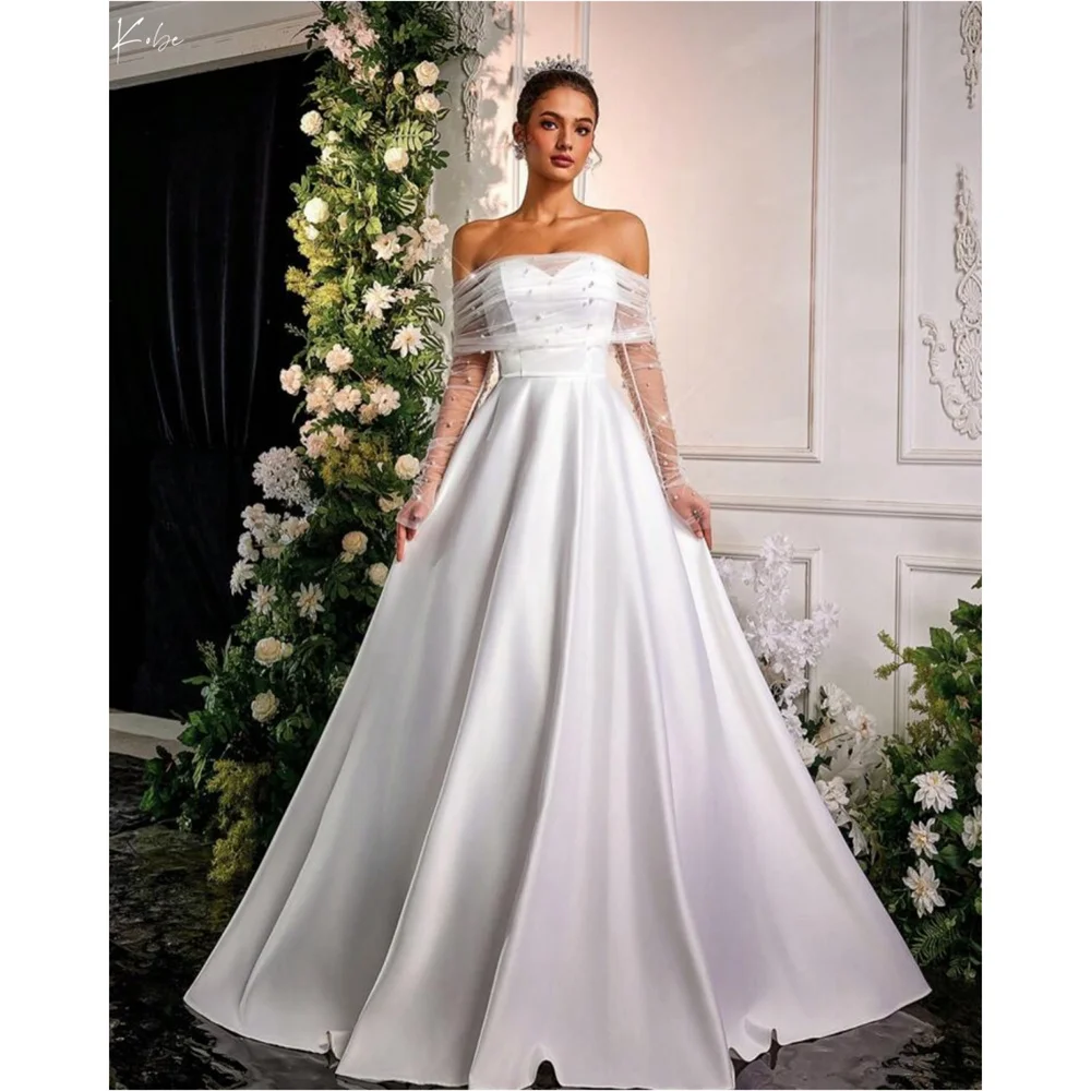 

Kobe Customized Off the Shoulder Lace A-line Prom Dresses Floor-length Sweetheart Neck Wedding Dresses White Elegant Party Dress