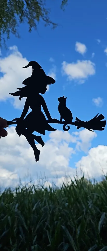 Enchanting Witch & Cat Garden Decor - Durable Iron Art with Flying Broomstick, for Halloween & Outdoor, Outdoor Garden Decor photo review