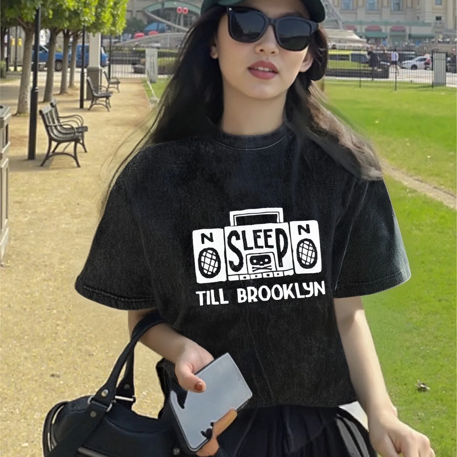

Retro Radio Washed Tee Sleep Till Brooklyn Slogan Pattern Casual Loose Short Sleeved Vintage Trendy Cool Comfortable Top