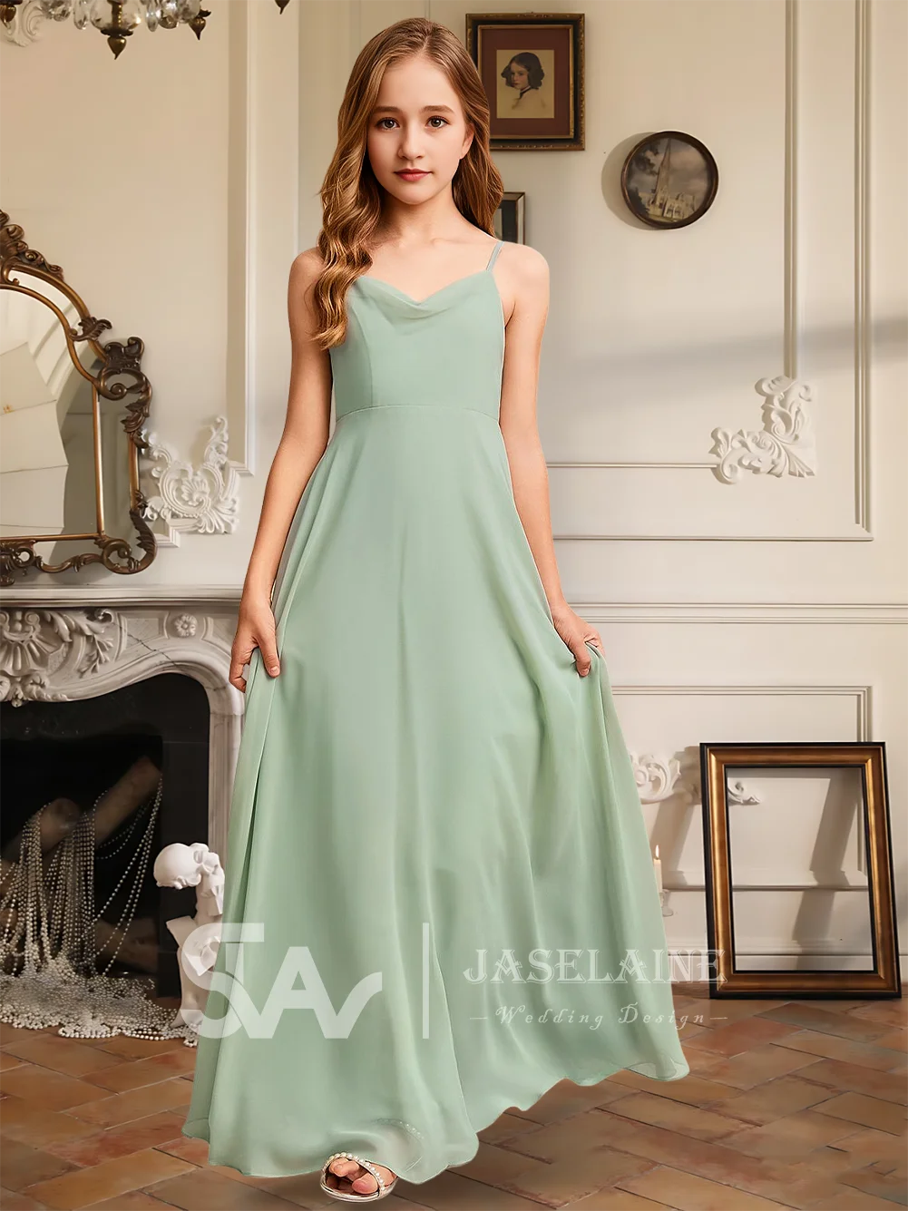 Elegant A-Line Cowl Floor-Length Chiffon Junior Bridesmaid Dress Ivory Flower Girl Dress Girls Party Wedding Formal Occasion