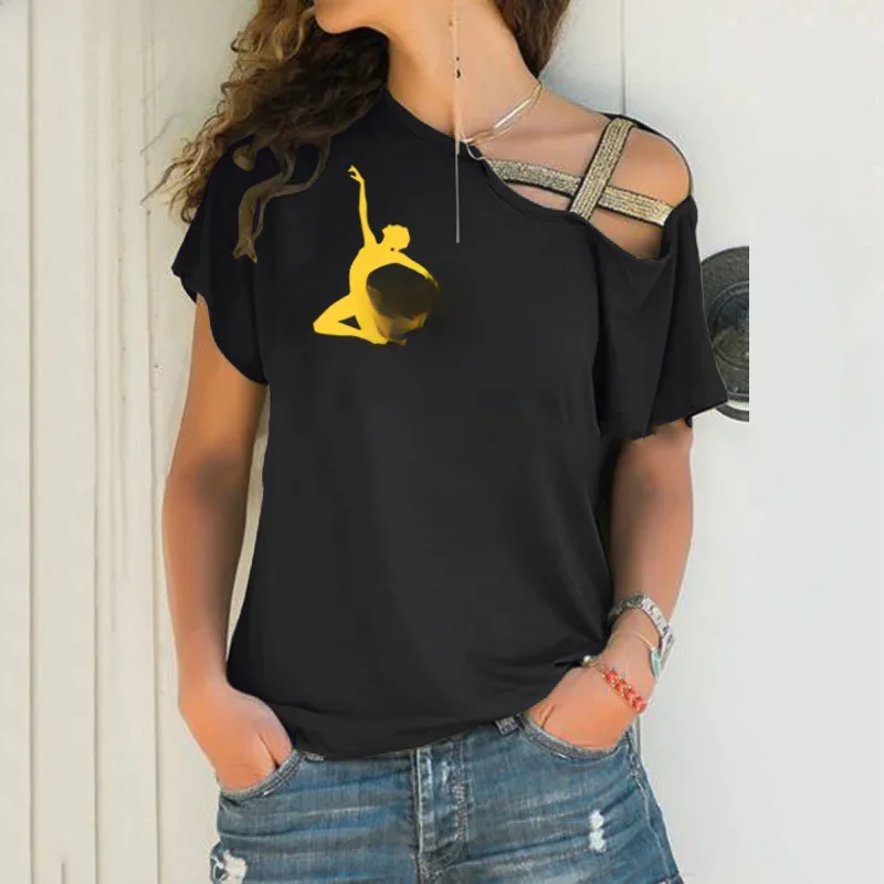 Modny nadruk damski T-shirt, który narodził się do tańca balet letni Harajuku graficzny T-shirt nieregularne skośne krzyżowe wiązanie Tee — zdjęcie 2