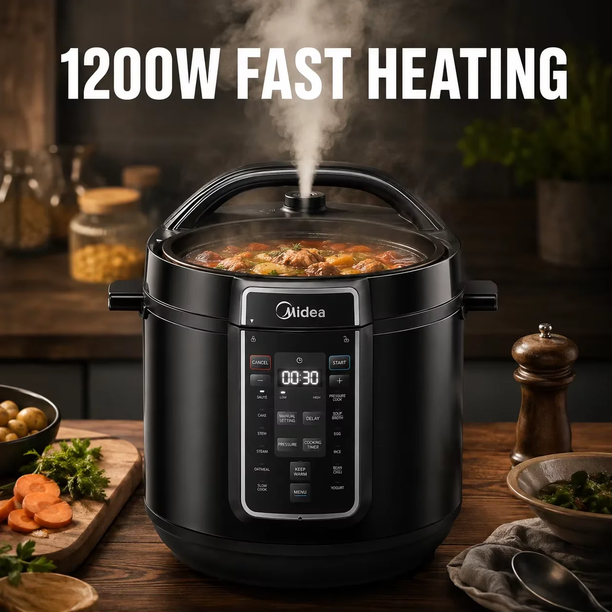 Olla Arrocera Eléctrica Midea de 8L, Diseño Elegante y Minimalista, Panel Táctil, Ventilación de un Toque, Recipiente Interior Antiadherente, para Uso Doméstico, Cocina Arroz, Sopa, Guisos y Granos, Marca de Confianza,