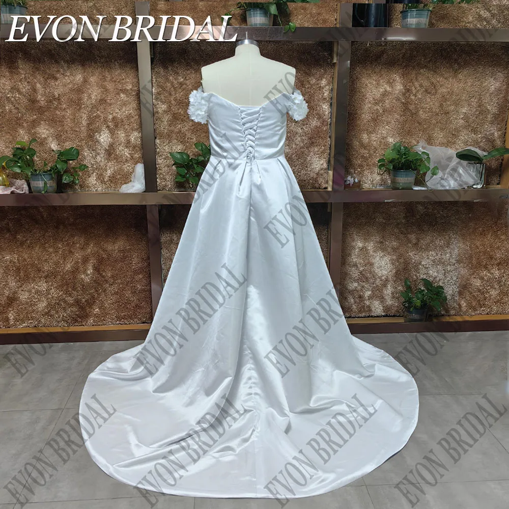 EVON BRIDAL Sexy Wedding Dress Plus Size Satin A-Line Lace Up Vestidos De Novia Off Shoulder V Neck Side Split Bridal Gowns