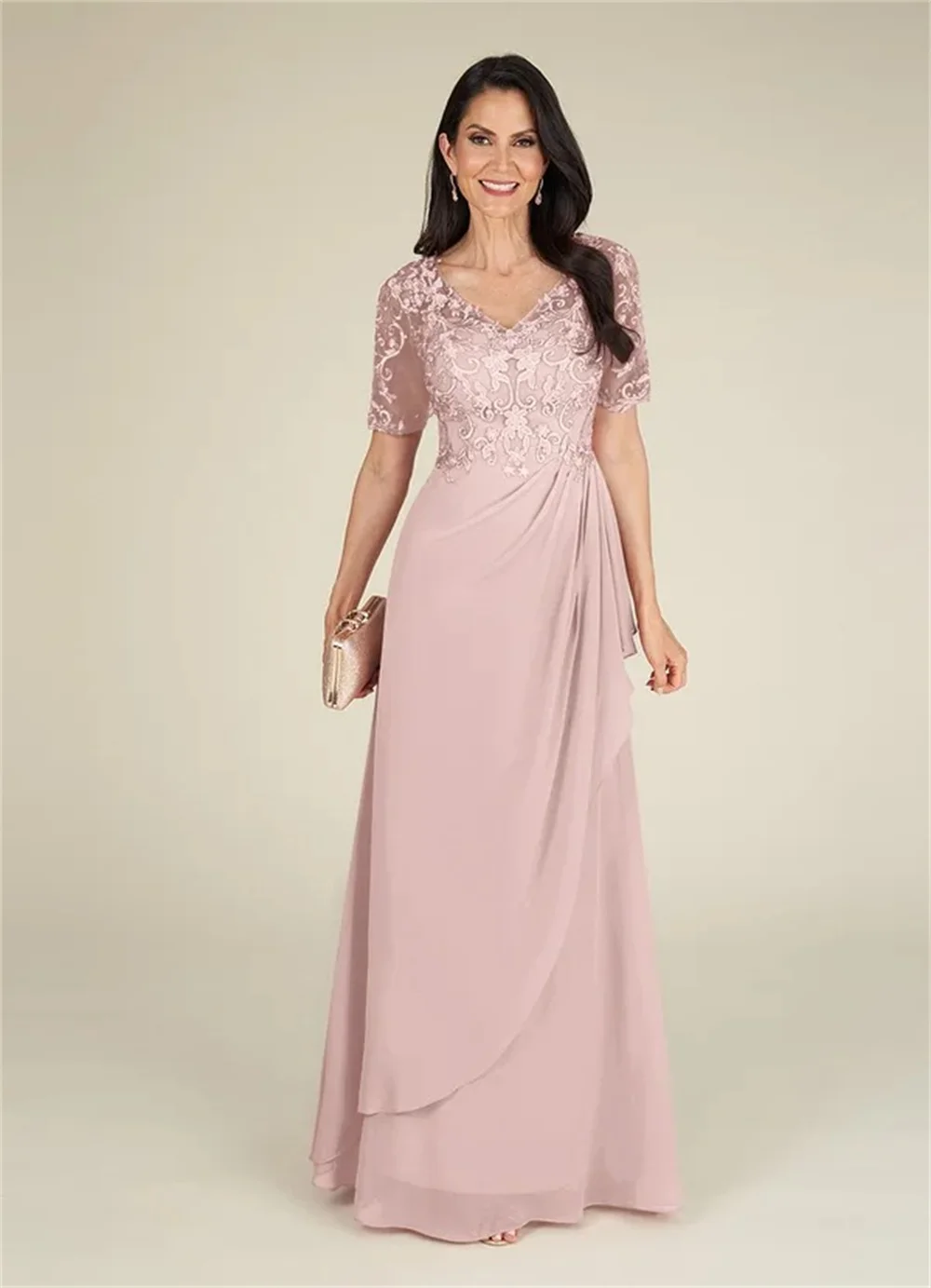 Vkiss 2022 A-Line V-neck Floor-Length Chiffon Mother of the Bride Dress Elegant Lace Tea Length Illusion Wedding Party Gowns