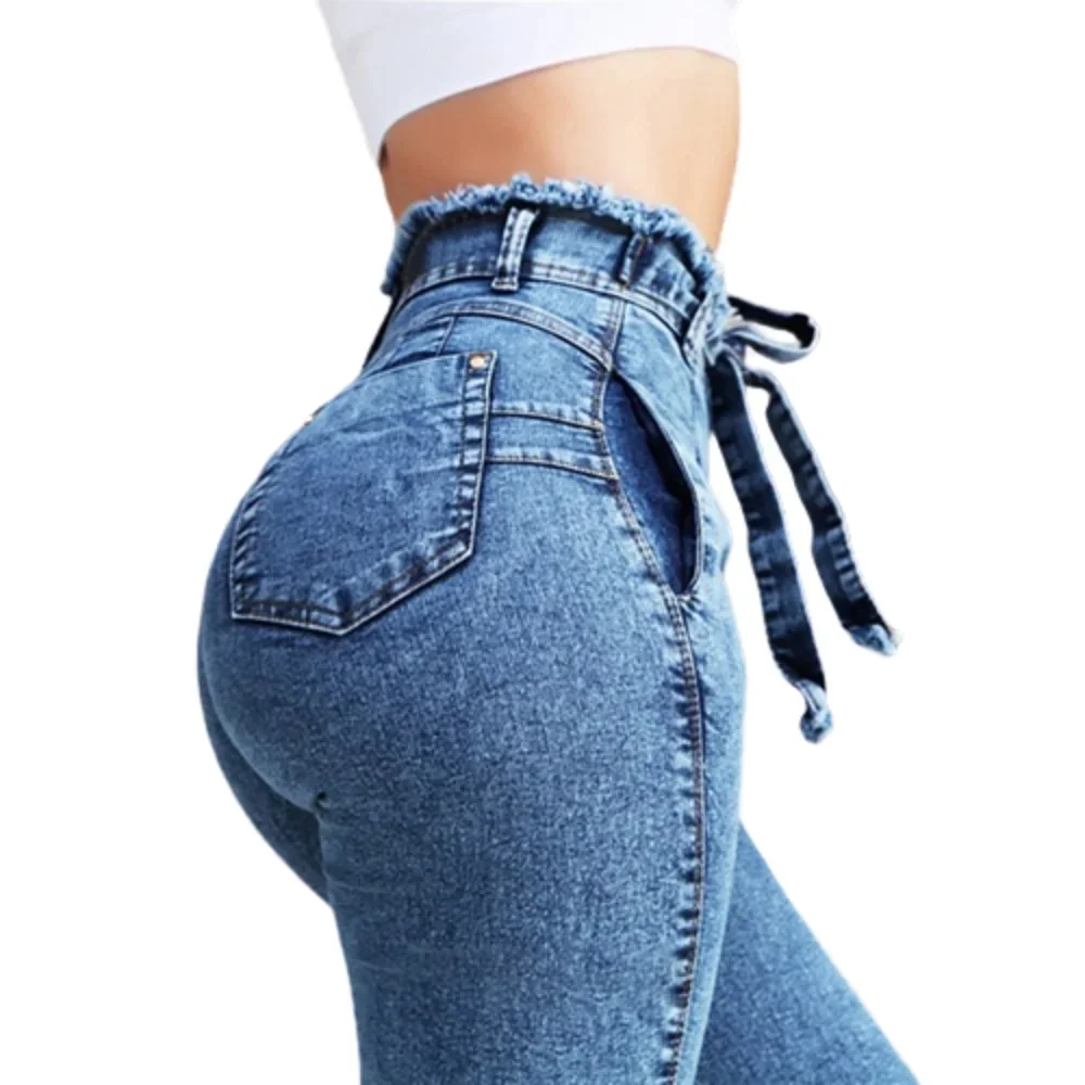 Moda Dżinsy Skinny z wysokim stanem i paskiem Kobiety Gorące Luźne Rozciągliwe Dżinsy Długie Spodnie Skinny Jeans Kobiety Rozciągliwe Dżinsy Długie Spodnie — zdjęcie 2