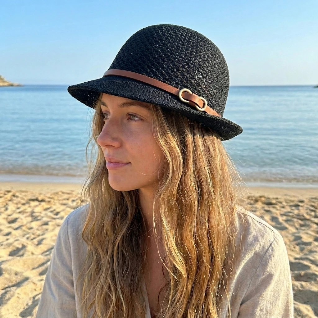 The Upgraded Elegant Ladies' Sun Hat Comes With a Transparent Hat Stand and Leather Strap Decoration Design.