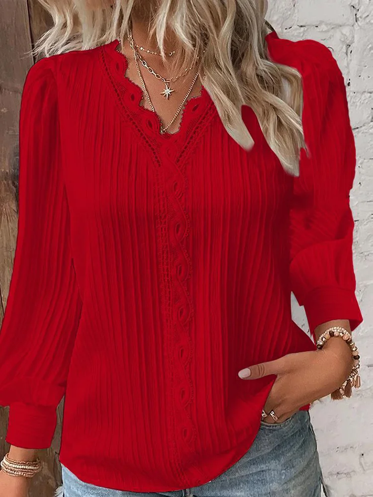 Long Sleeve V-Neck Fine Elegant Woman Shirts Lace Spliced Hollow Office Lady Blouses Youthful Fashion Loose Streetwear Tops