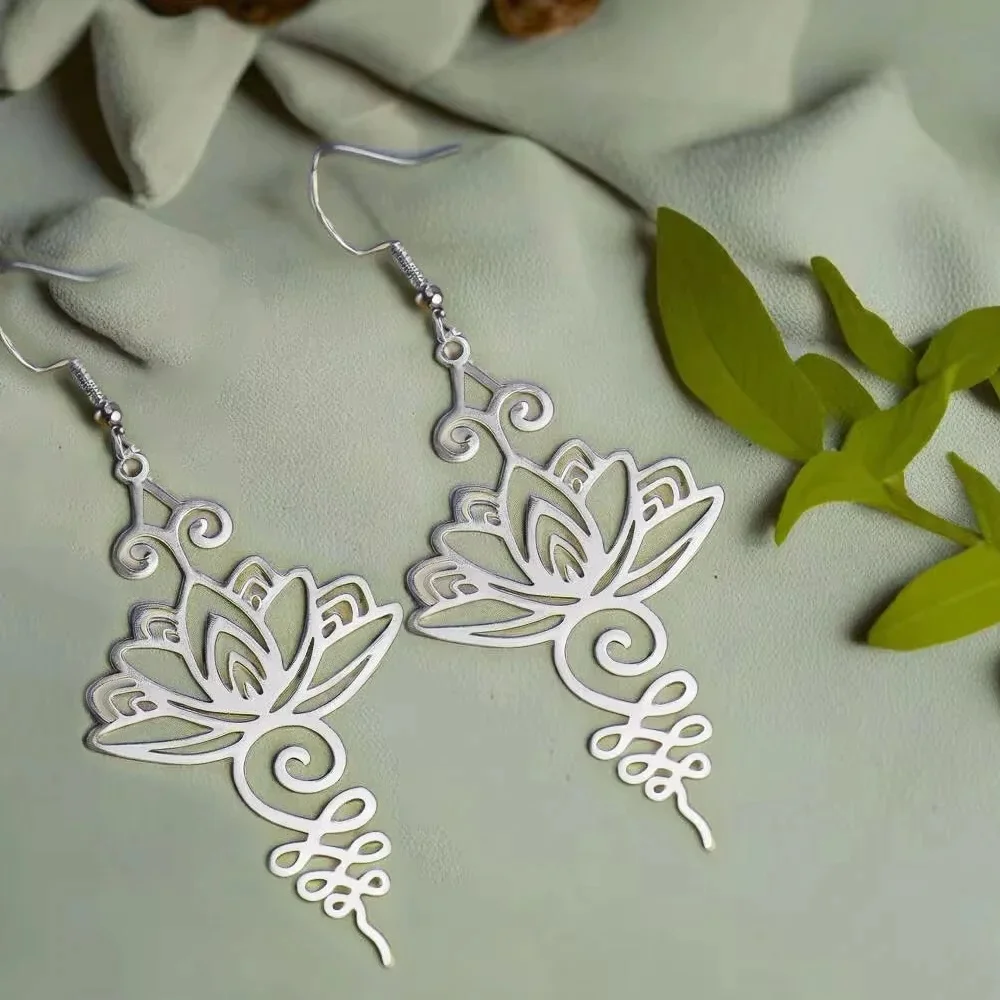 Boucles d'oreilles fleur de Lotus en acier inoxydable, Chakra spirituel, symbole Unalome, boucles d'oreilles pendantes pour femmes, Yoga, bouddhisme, bijoux uniques