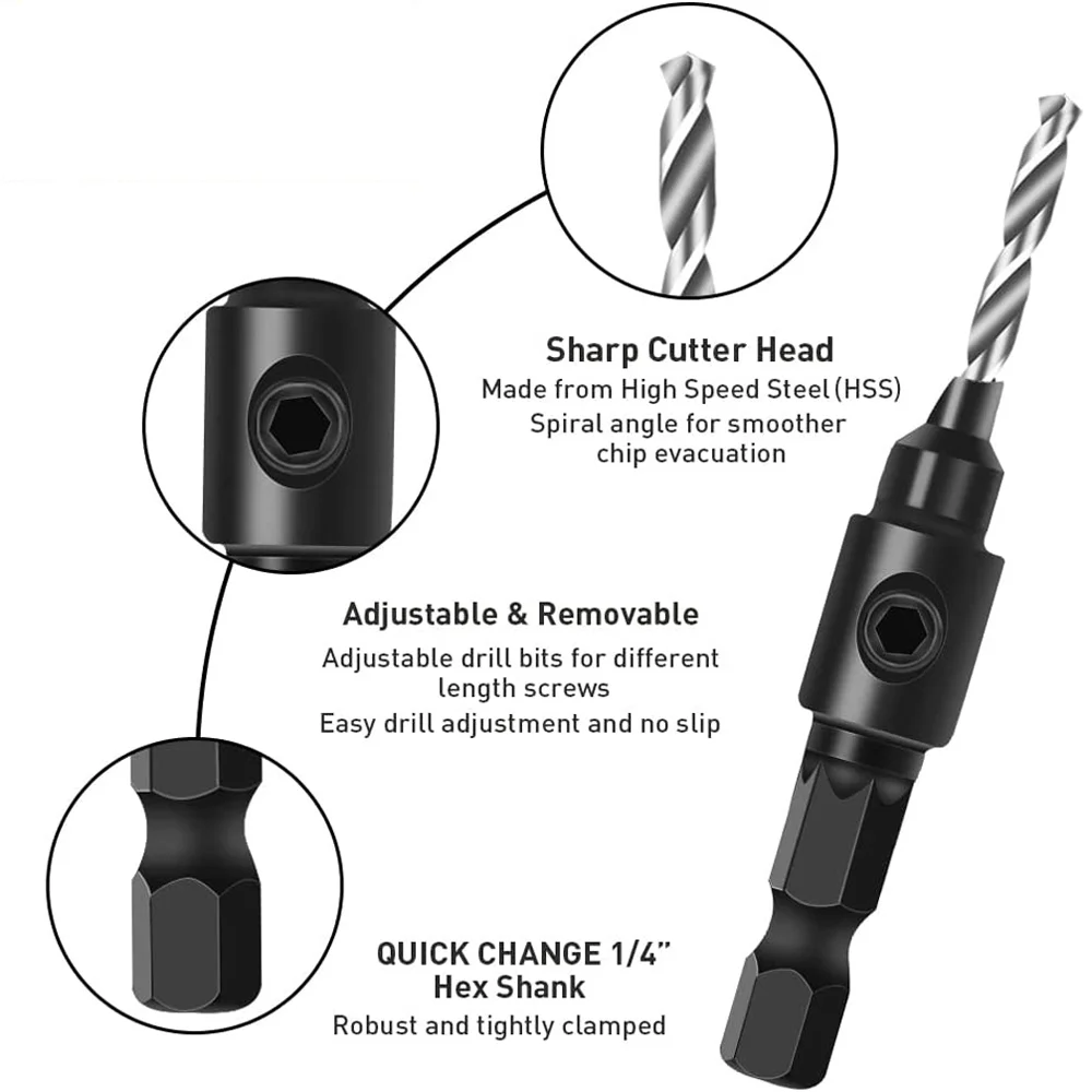 4/5pcs Countersink Drill Bit Set, With 1/4" Hex Shank For DIY Woodworking Drilling Hole With L-Wrench #5 #6 #8 #10 #12 Cutter
