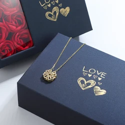 Caja de regalo de rosas, collar de hierba de cuatro hojas, collar de corazón, lindo collar de trébol de cuatro hojas, collares de oro delicados, regalos para novia