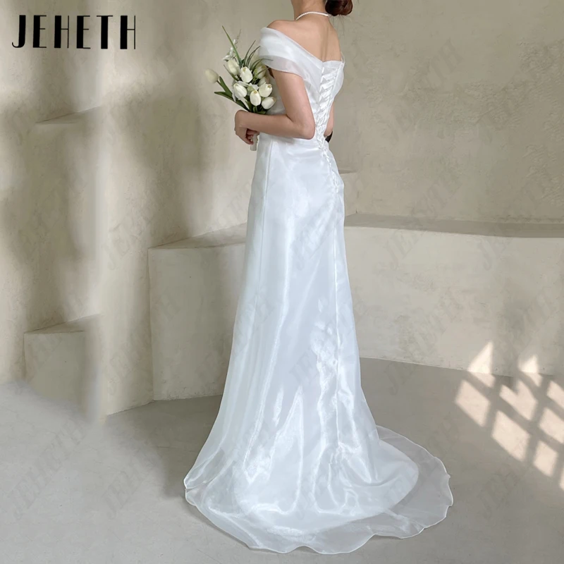 JEHETH Boat Neck Wedding Dresses Women Organza Pleat Bridal Gowns A-Line Backless 웨딩드레스 Photography Vintage Sleeveless High/Low