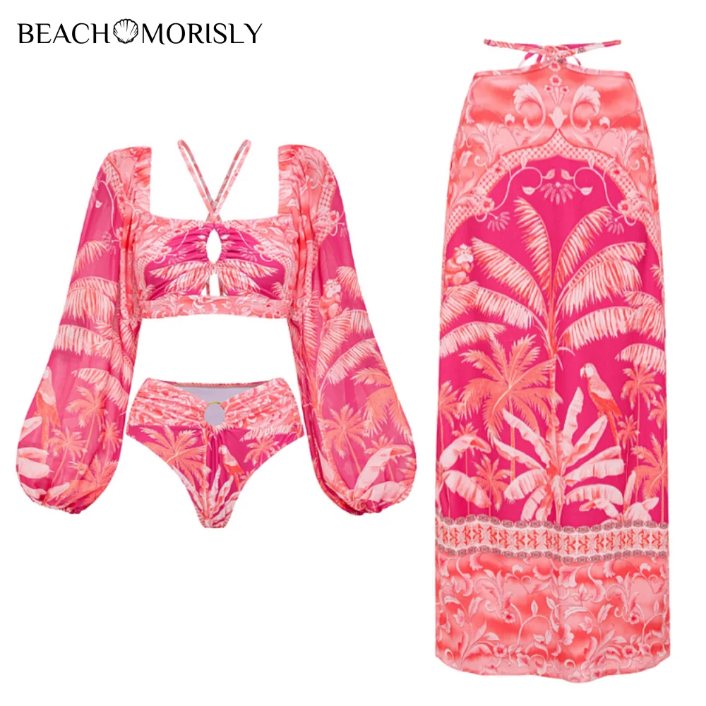 2024 Sexy Long-sleeved Bikini  Set Tropical Jungle Print Swimsuit and Sarong  Summer Swimwear Women Beachwear Bathing Suit