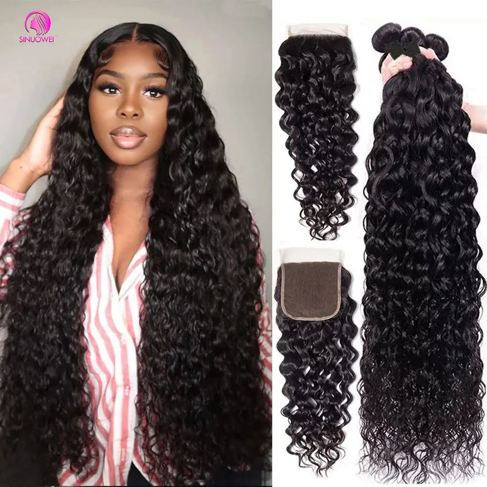 Pacotes brasileiros do cabelo humano com fechamento do laço, cabelo encaracolado profundo, onda de água, Remy, mulheres negras