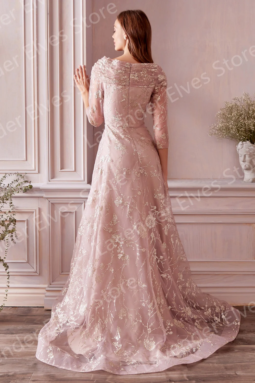 Elegant Pink Mother Of The Bride Dresses Beaded Long Sleeve Lace Appliqued Wedding Guest Dress Plus Size Formal Evening Wear