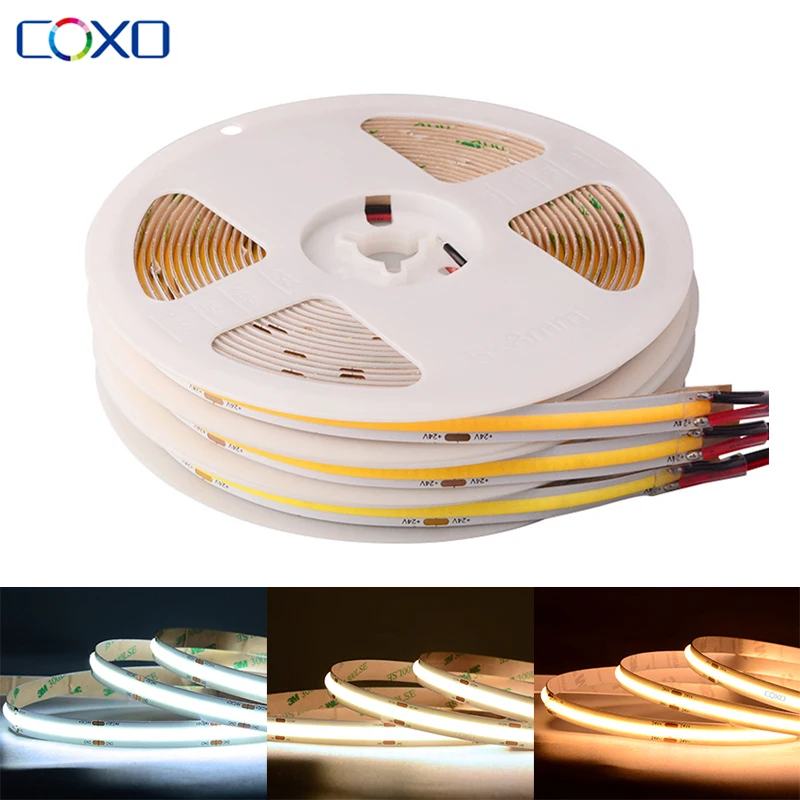 Fita LED COB Flexível de Alta Densidade, Fita Fita, RA90, 3000K-6500K, DC 12V, 24V, 480 LEDs por m, 16.4ft, 5m por lote