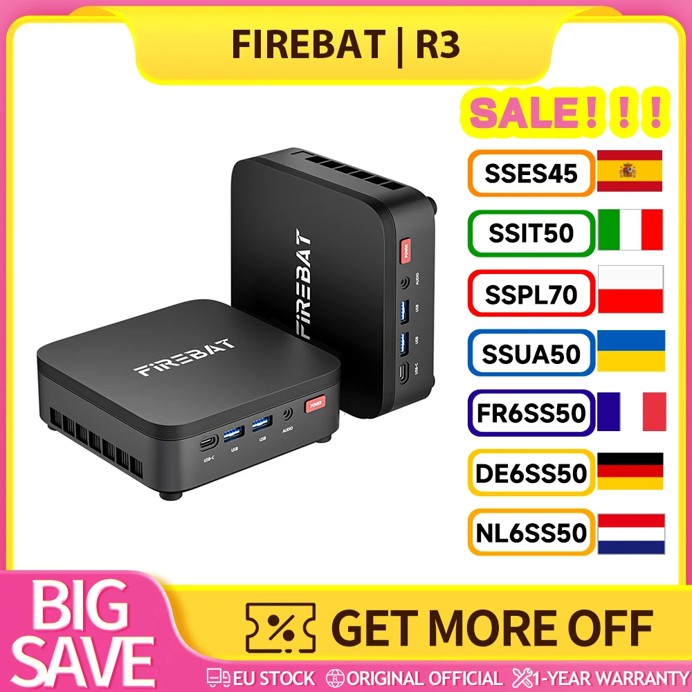 Mini PC FIREBAT R3, 16 Go LPDDR4, 512 Go SSD, graphismes AMD Radeon, AMD Ryzen 3 4300U Quad-Core jusqu'à 3,7 GHz, triple affichage 4K HDMI + DP + USB-C, double extension M.2, Gigabit RJ45 WiFi 6 Bluetooth 5.2, 6 ports USB, fonctionnement ultra-silencieux et portable