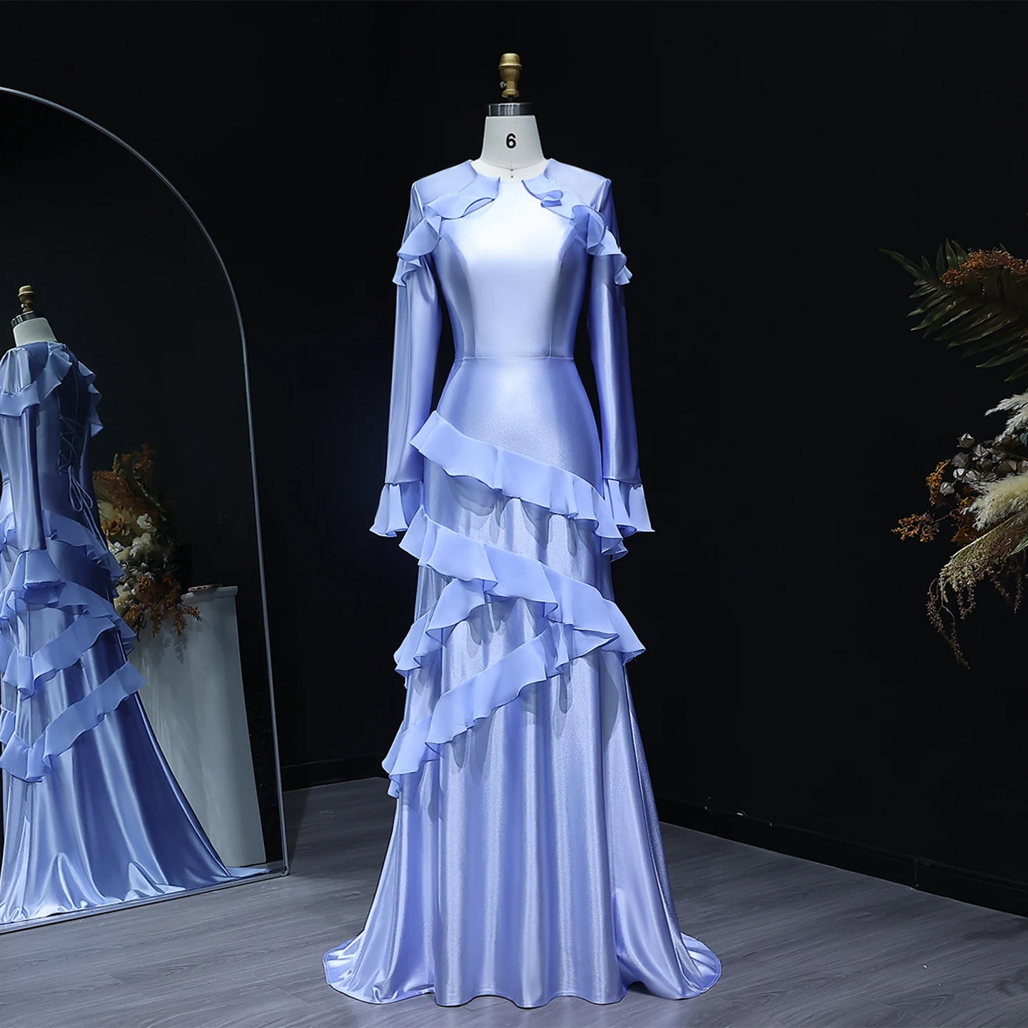 Sharon Said Abiti da sera a sirena con volant blu e maniche lunghe per le donne Abito da cerimonia nuziale SF585 Personalizzato فسات evimavera