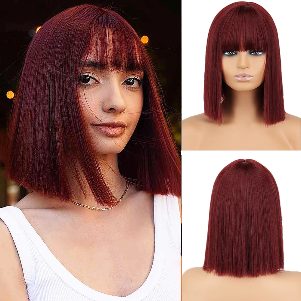 Wig Bob Pendek dengan Poni Wig Sintetis untuk Wanita Merah Hitam Merah Muda Biru Oranye Tahan Panas Rambut Pesta Cosplay Lolita