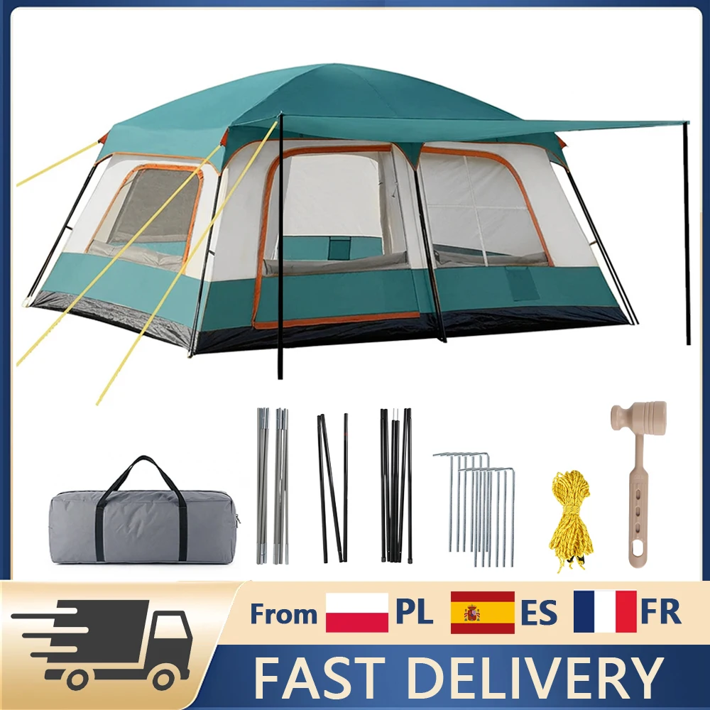 Tente de camping double couche, imperméable et anti-UV, portable, avec moustiquaire respirante et auvent étendu pour 4 à 6 personnes