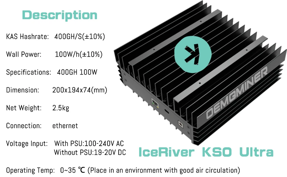 

BA Buy 20 Get 11 Free New IceRiver KAS KS0 Ultra 400Gh/S Kaspa Miner 100W Crypto Mining