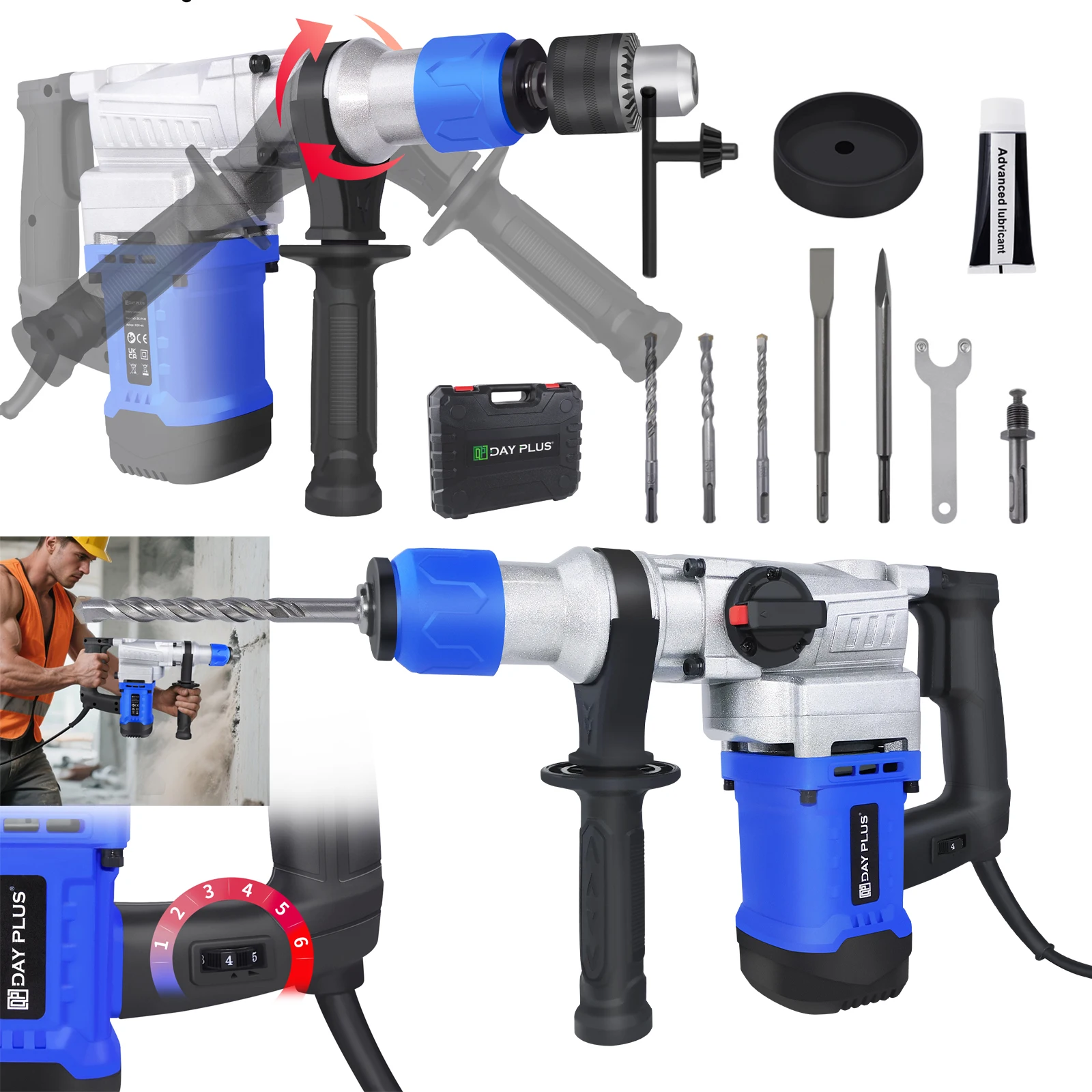 1500-W-SDS-Plus-Bohrhammer, elektrischer 6-Gang-Bohrhammer mit 4 Modi – 0–800 U/min, 4500 BPM – für Beton, Ziegel, Mauerwerk
