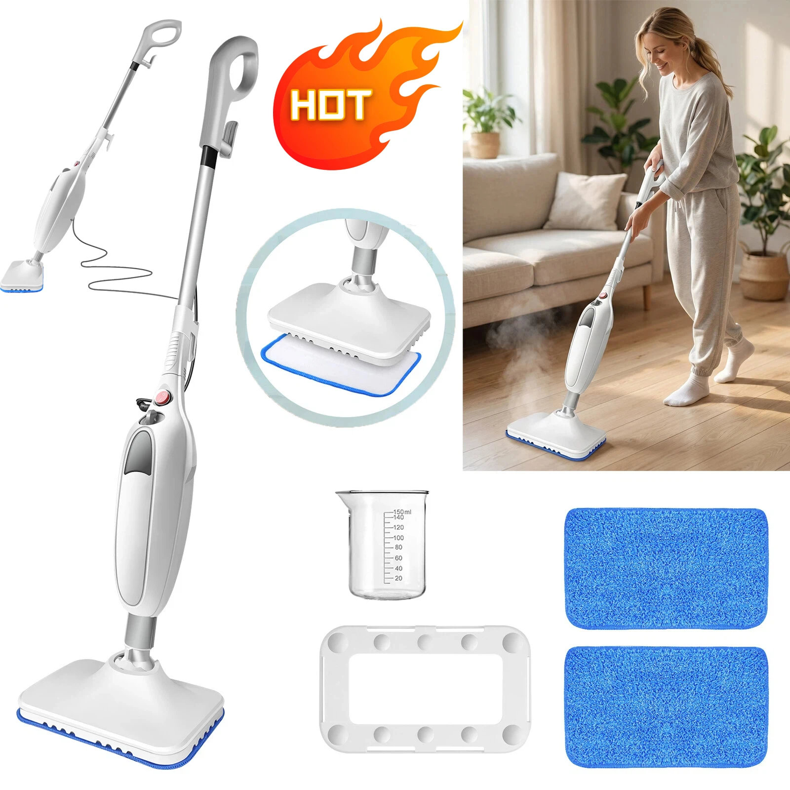 Mop parowy 1500W do podłóg twardych i dywanów, elektryczny odkurzacz parowy z zbiornikiem 400 ml, szybkie nagrzewanie w 20 s, 99,999% sterylizacja