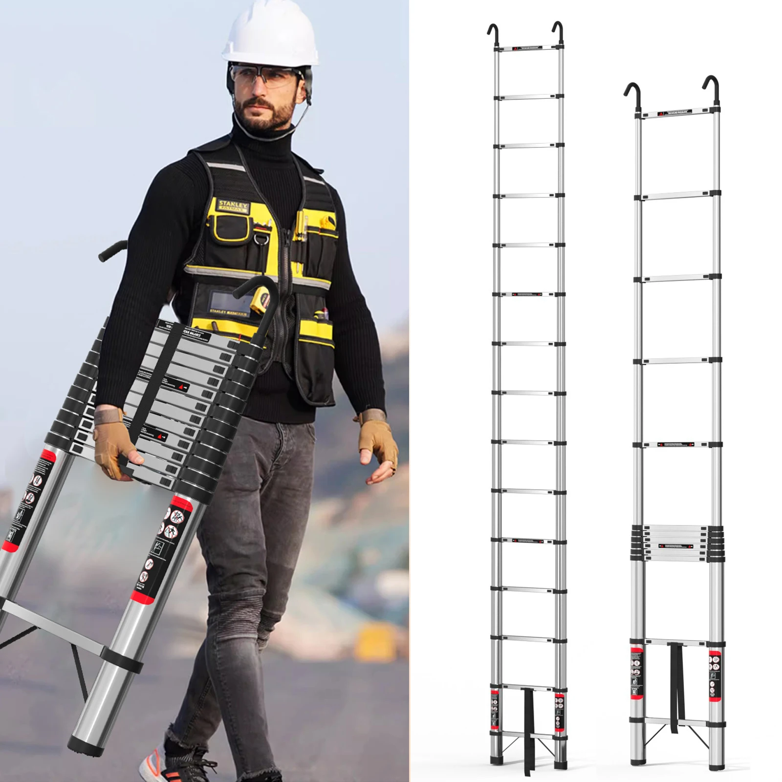 Échelle télescopique extensible 4,4 m/5 m en acier inoxydable avec 2 crochets amovibles, pieds antidérapants, capacité de charge de 150 kg, robuste et stable pour grenier, art, extérieur