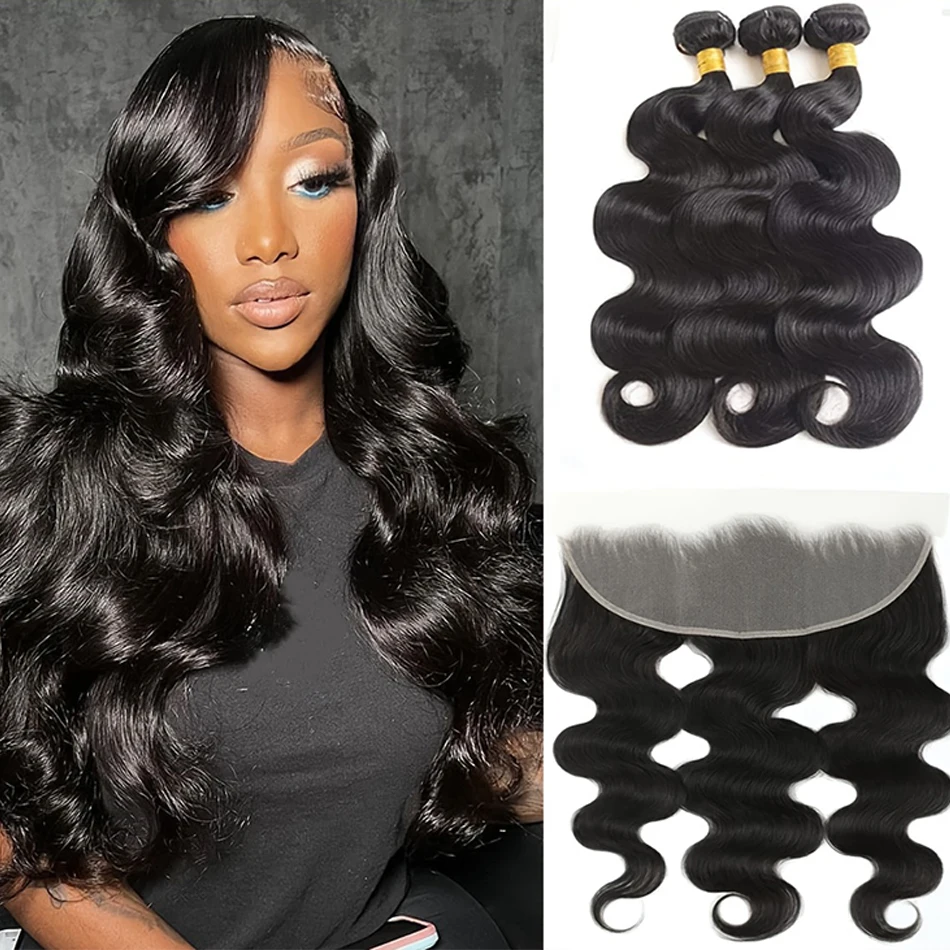 Body Wave Human Hair Bundles With 13x4 Lace Frontal Transparent 3 Bundles With 4x4 Lace Closure 100% Virgin Human Hair Extension