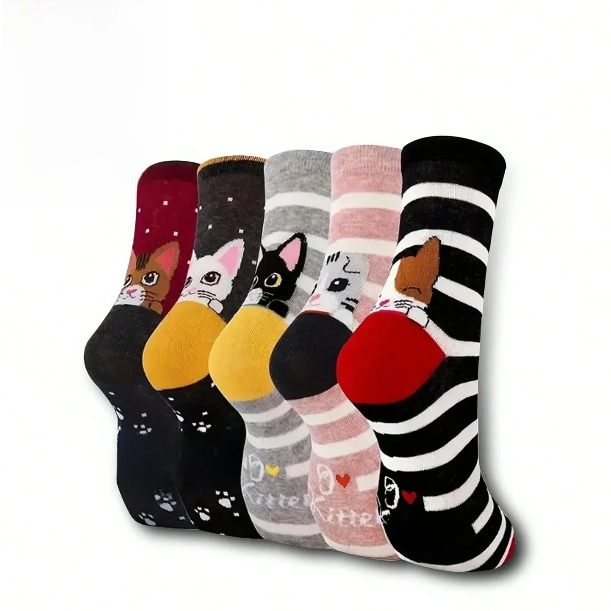 5 paar damessokken met ronde hals en kattenpatronen, schattig, uniek, leuk, comfortabel, vochtafvoerend - afbeelding 2