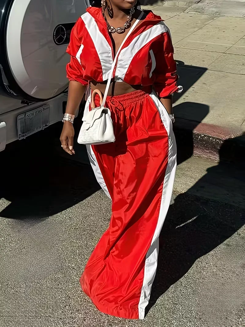 

Женский комплект-двойка: укороченный топ с длинными рукавами на молнии и широкие брюки с эластичной резинкой на талии на шнурке, подходит для осени (красный).