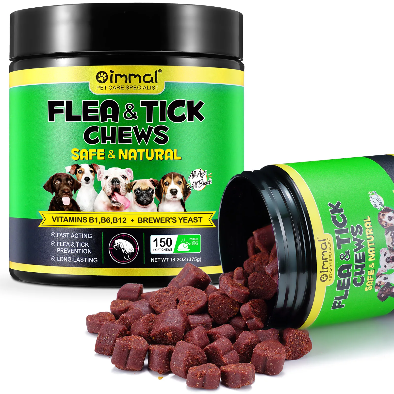 Flea and Tick Prevention 150 pcs Chewables Peking Duck Flavor Supplement for Dogs Oral Flea Pills Pest Defense All Breeds & Ages