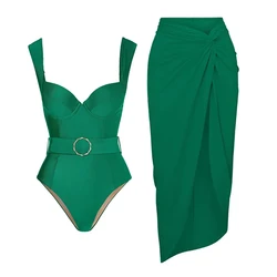 Bañador verde de una pieza con cinturón para mujer, traje de baño Retro con falda, ropa de playa, 2024