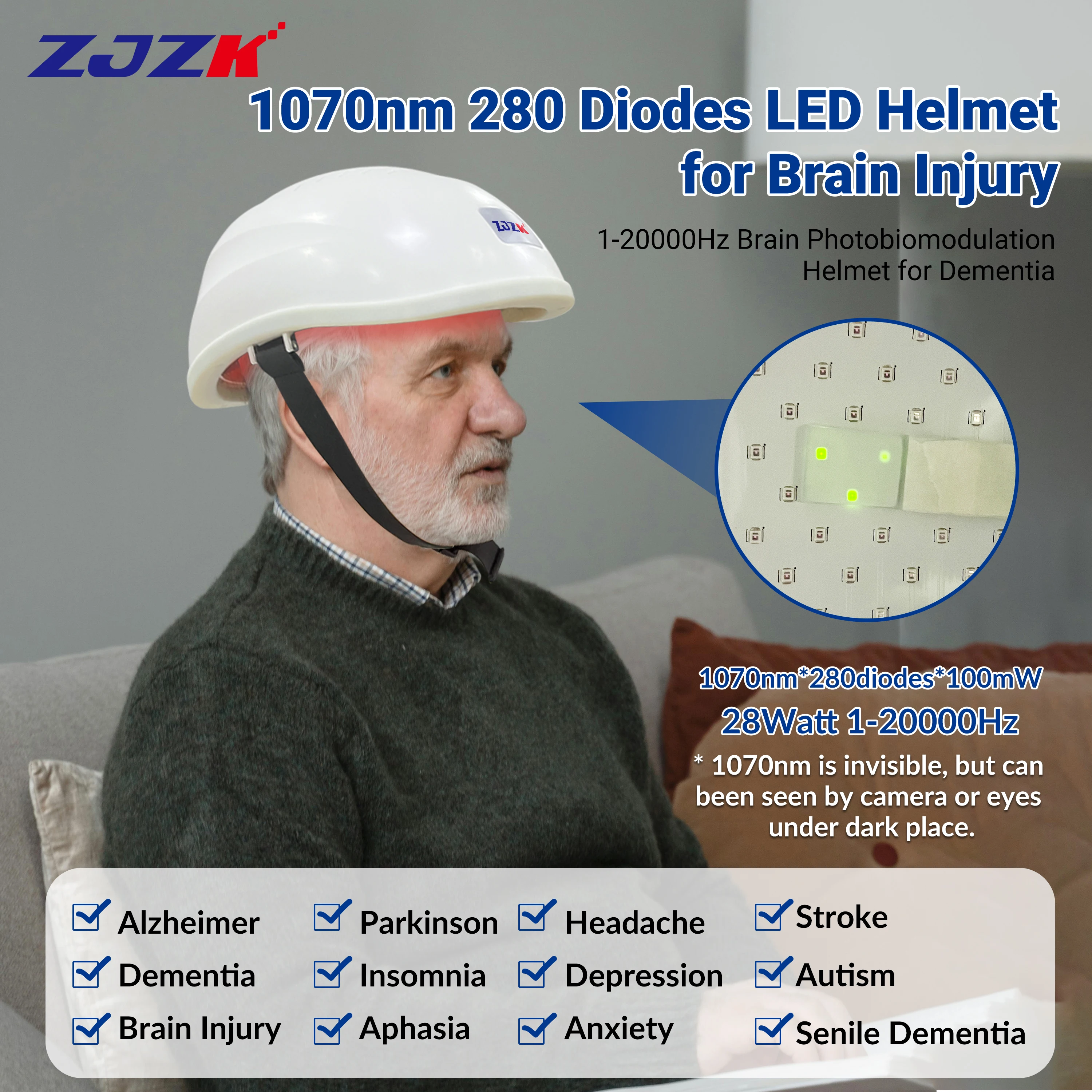 ZJZK Red Light Wearable Helmet Infrared Light Therapy Gifts For Anxious People 1070nmx280diodes Mental Disorders Dementia