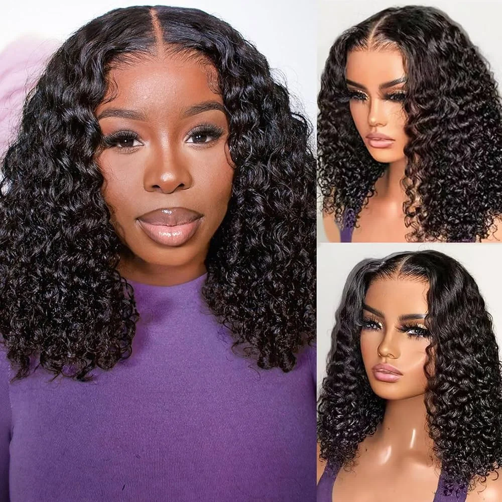 100% Human Hair Deep Curly Bob Wigs Virgin Human Hair 13x4 Lace Frontal Wigs Deep Wave Human Hair 4x4 Lace Wigs Natural Black Color Curly Short Hair Wigs For Women view 5