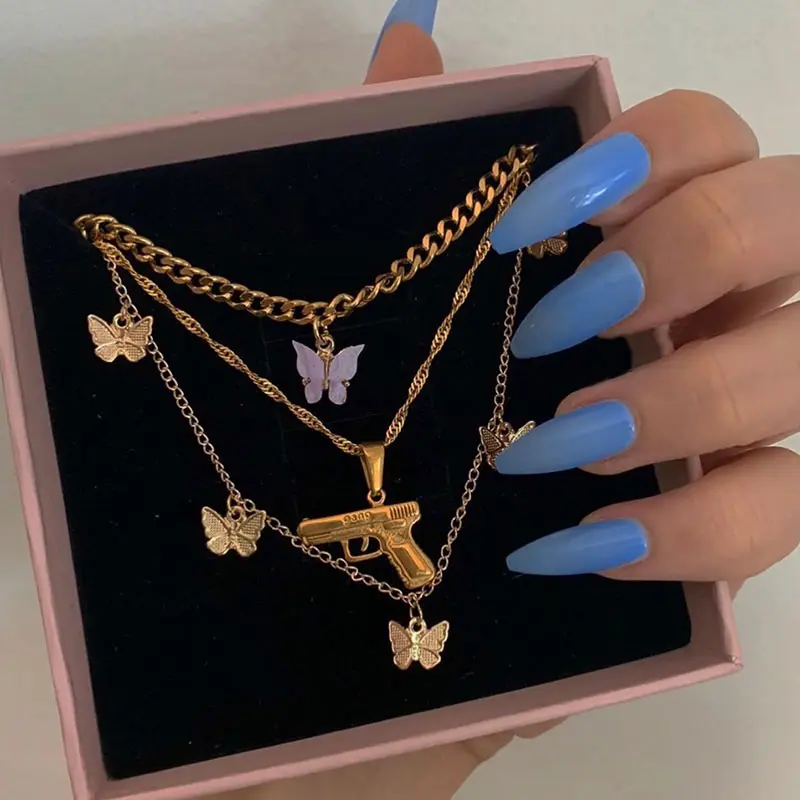 3Pcs Layered Butterfly Pistol Pendant Necklace Set for Women, Gold Color Chunky Chain Multilayer Choker Jewelry Gift