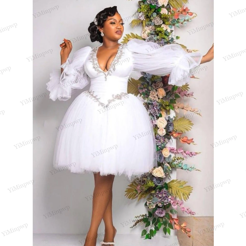 

White Elegant Africa Bridal Dresses V Neck Lantern Sleeve Beaded Waist Closure A Line Pleated Mini Wedding Dresses Black Girls