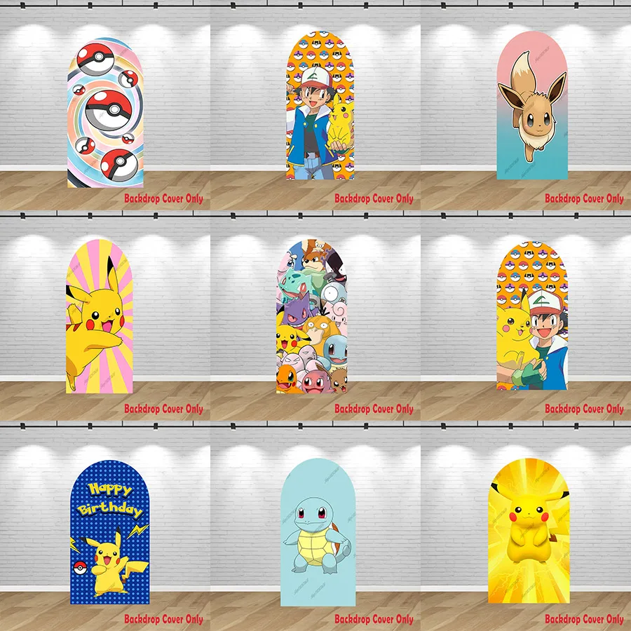 Fondo de Arco de Cumpleaños de Pokémon, Fondo de Poliéster para Cumpleaños Infantiles, Arco de Eevee, Squirtle, Ash Ketchum y Pikachu, Decoración para Fiestas