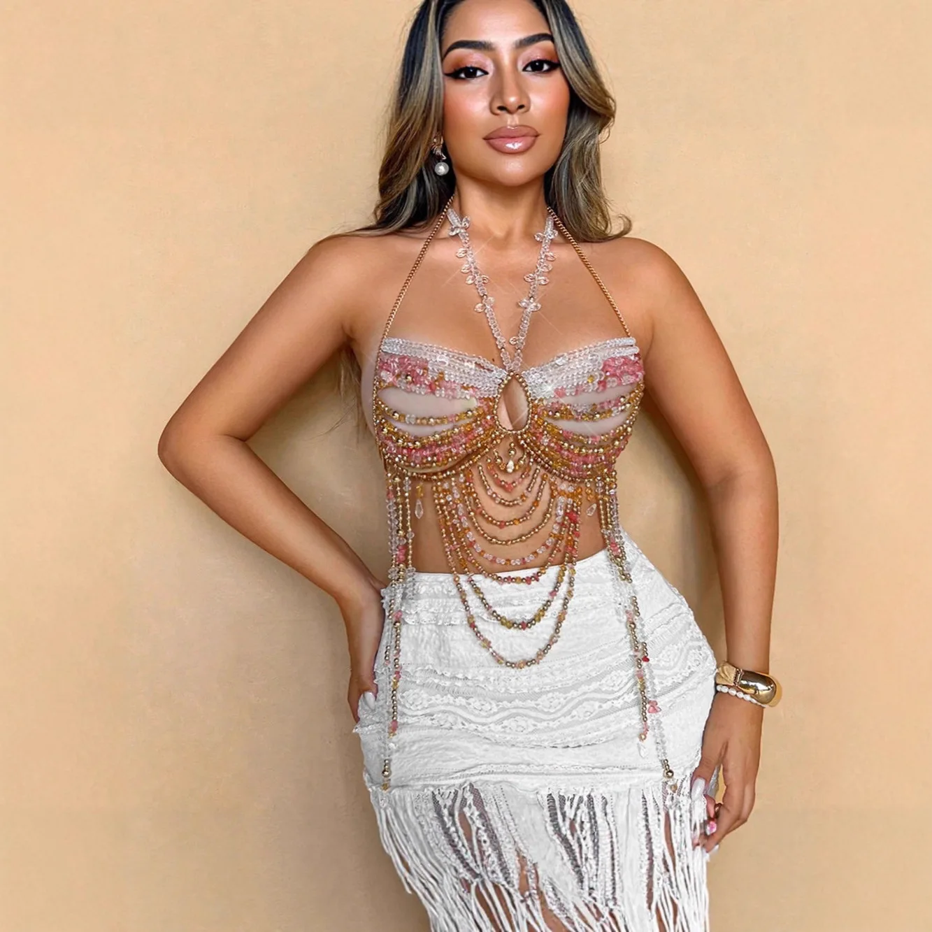 

Women Handmade Crystal Beaded Festival Chain Bra Top Body Chain Bikini Cover Up Halter Neck Beaded Bralette Beachwear Lingerie