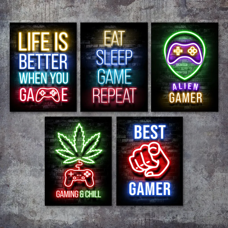 Motivational Neon Effect Game Slogan Pictures Canvas Prints on Canvas Wall Art Posters for Game Room Home Decor Gamers’ Gift