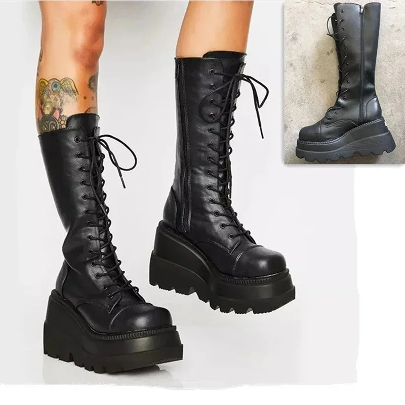 Bottes à plateforme en microcarence élastique pour femmes, talon épais, mi-mollet, chaussures gothiques noires, marque pour dames, printemps, automne, 2024